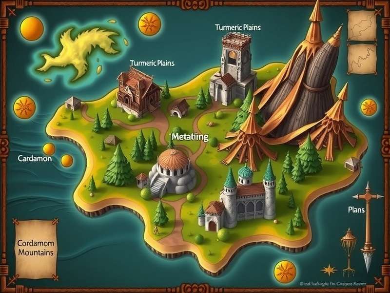 Map of all mystical realms in Coriander Tales Mystic Realms showing Turmeric Plains, Cardamom Mountains and other regions